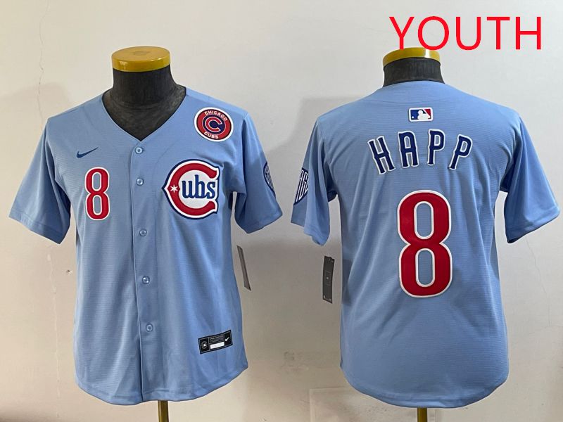 Youth Chicago Cubs 8 Happ Light Blue Throwback 2025 Nike MLB Jersey style 3